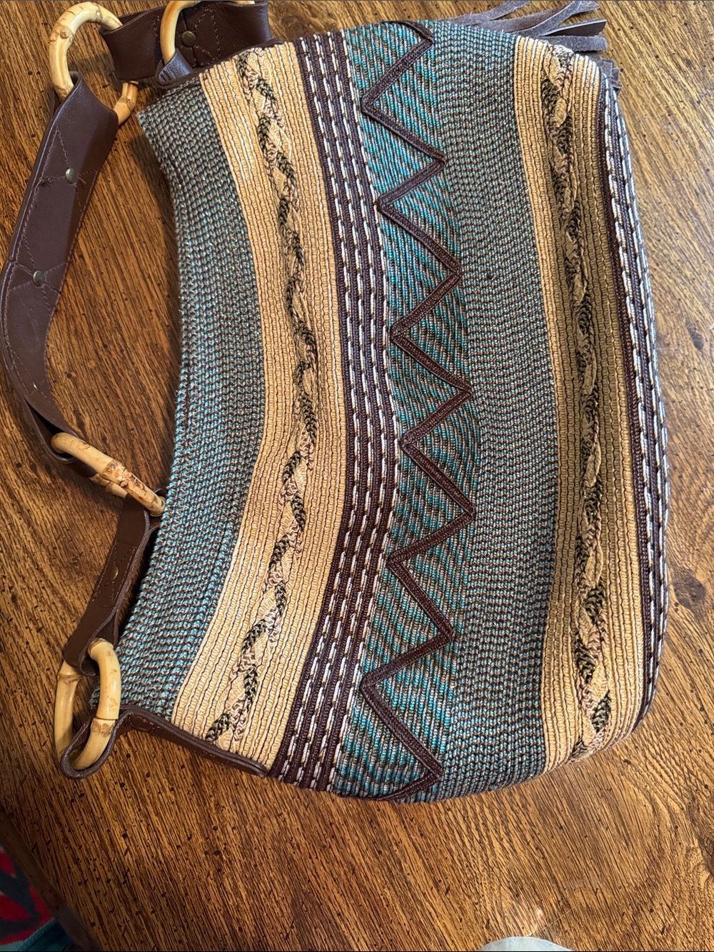 Woven Teal and Tan Shoulder Bag with Brown Accents